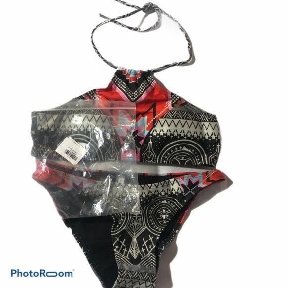 2 piece swimsuit bikini graphic black neck psychedelic pattern medium READ - Picture 2 of 8